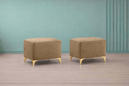Adorn India Premium Luster 8 Seater L Shape Sofa Set with 2 Puffy & 1 Center Table | Velvet Suede Fabric | 3-Year Warranty | LHS | Camel with Golden Legs & Striped Pattern Cushion