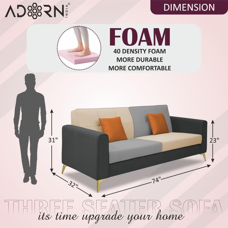 Adorn India Premium Harlem 3 Seater Sofa | Velvet Suede Upholstery | 3-Year Warranty | Dark Grey, Gey & Beige with Gold Legs & Cushion