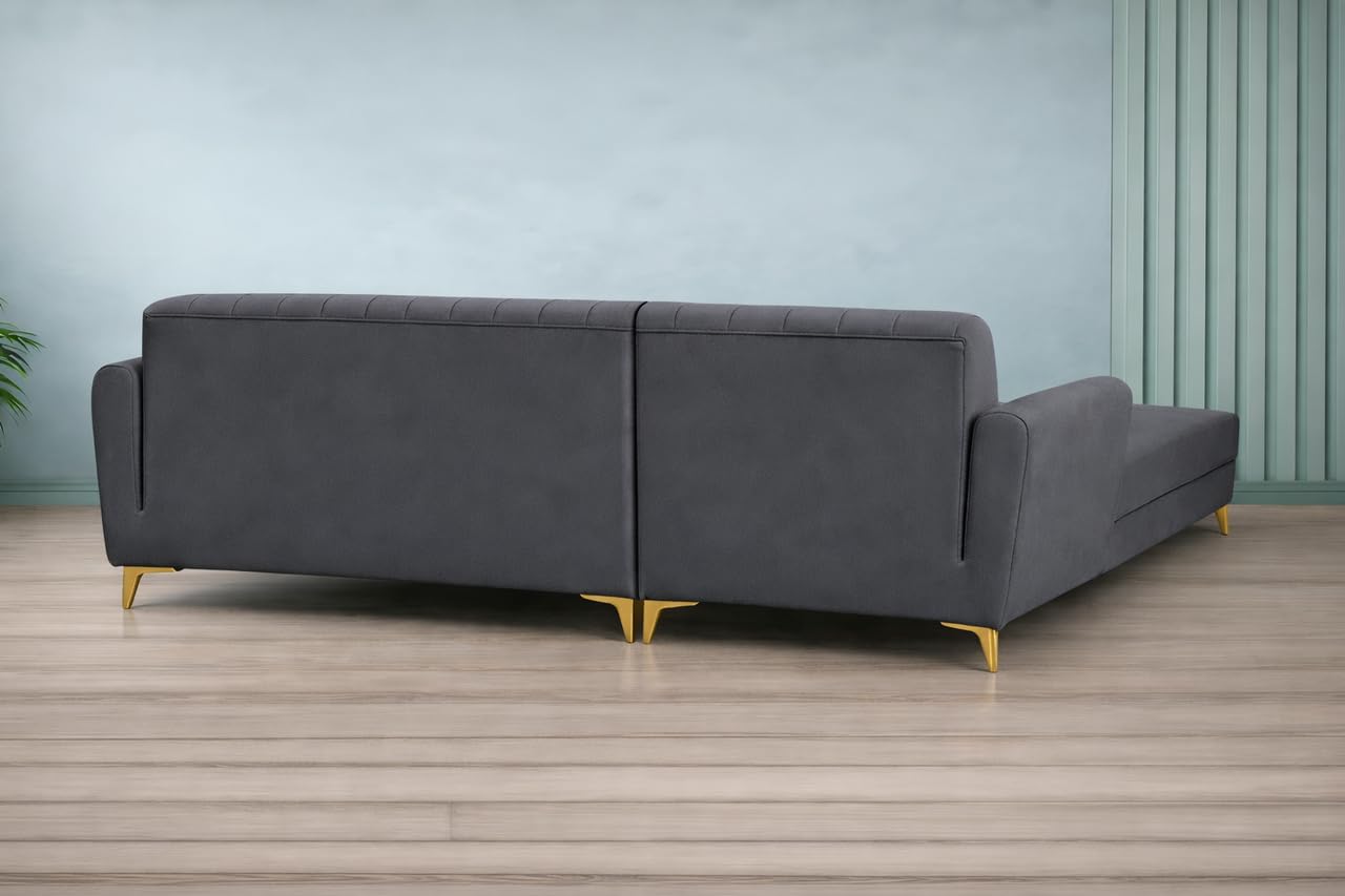 Adorn India Premium Luster 8 Seater L Shape Sofa Set with 2 Puffy & 1 Center Table | Velvet Suede Fabric | 3-Year Warranty | LHS | Dark Grey with Golden Legs & Striped Pattern Cushion