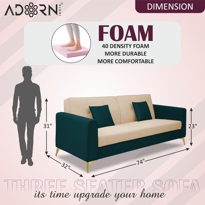 Adorn India Premium Harlem 3 Seater Sofa | Velvet Suede Upholstery | 3-Year Warranty | Ocean Blue & Beige with Gold Legs & Cushion
