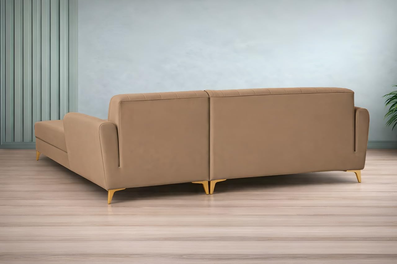 Adorn India Premium Luster 6 Seater L Shape Sofa Set | Velvet Suede Fabric | 3-Year Warranty | RHS |Color Camel with Golden Legs & Striped Pattern Cushion