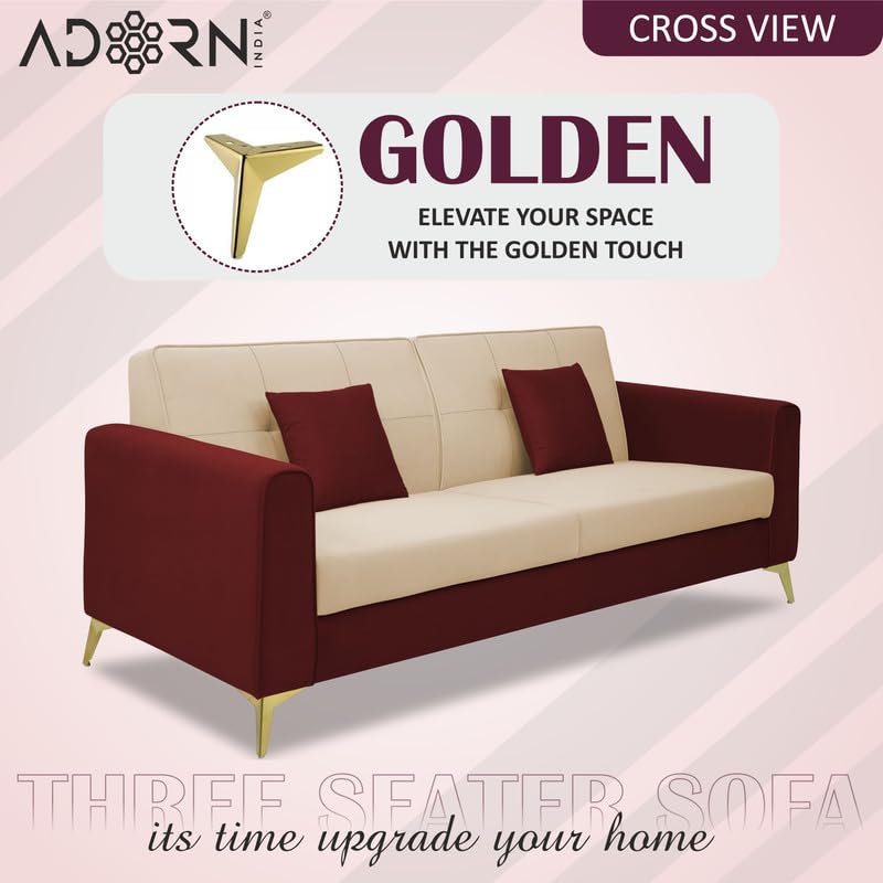 Adorn India Premium Harlem 3 Seater Sofa | Velvet Suede Upholstery | 3-Year Warranty |Maroon & Beige with Gold Legs & Cushion