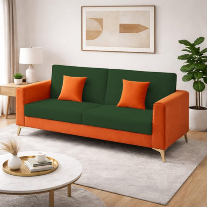 Adorn India Premium Harlem 3 Seater Sofa | Velvet Suede Upholstery | 3-Year Warranty | Orange & Dark Green with Gold Legs & Cushion
