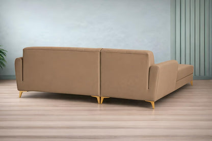 Adorn India Premium Luster 6 Seater L Shape Sofa Set | Velvet Suede Fabric | 3-Year Warranty | LHS |Color Camel with Golden Legs & Striped Pattern Cushion