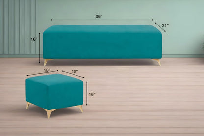 Adorn India Premium Luster 8 Seater L Shape Sofa Set with 2 Puffy & 1 Center Table | Velvet Suede Fabric | 3-Year Warranty | LHS | Aqua Blue with Golden Legs & Striped Pattern Cushion