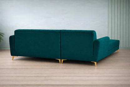 Adorn India Premium Luster 8 Seater L Shape Sofa Set with 2 Puffy & 1 Center Table | Velvet Suede Fabric | 3-Year Warranty | LHS | Ocean Blue with Golden Legs & Striped Pattern Cushion