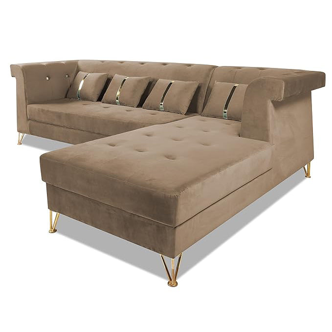 Adorn India Premium Raygan L Shape 6 Seater Sofa Set Right Side (Velvet Fabric Colour Camel)