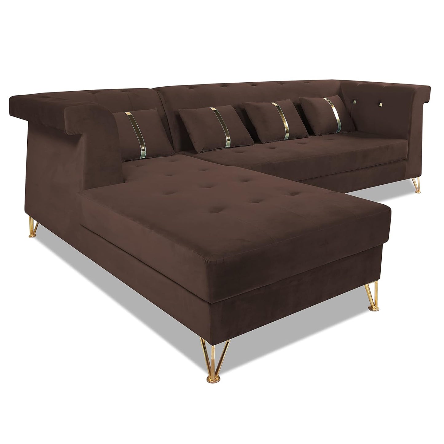 Adorn India Premium Raygan L Shape 6 Seater Sofa Set Left Side (Velvet Fabric Colour Brown)