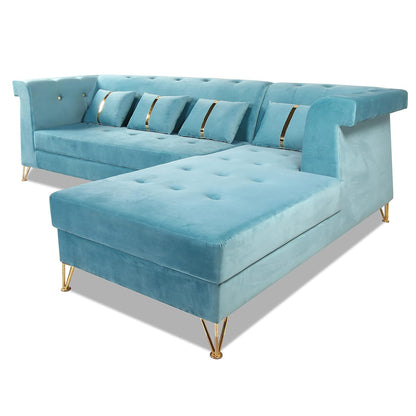 Adorn India Premium Raygan L Shape 6 Seater Sofa Set Right Side (Velvet Fabric Colour Aqua Blue)