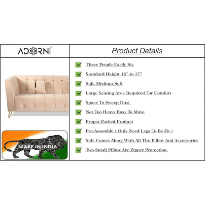 Adorn India Premium Lotus 3 Seater Sofa (Velvet Fabric Colour Beige)