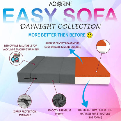 Adorn India Easy 3 Seater Sofa Cum Bed | Velvet Fabric | Dark Grey | Plain Design | 6x5 Ft | Comfortable Seating | Washable Cover | Perfect for Home & Office