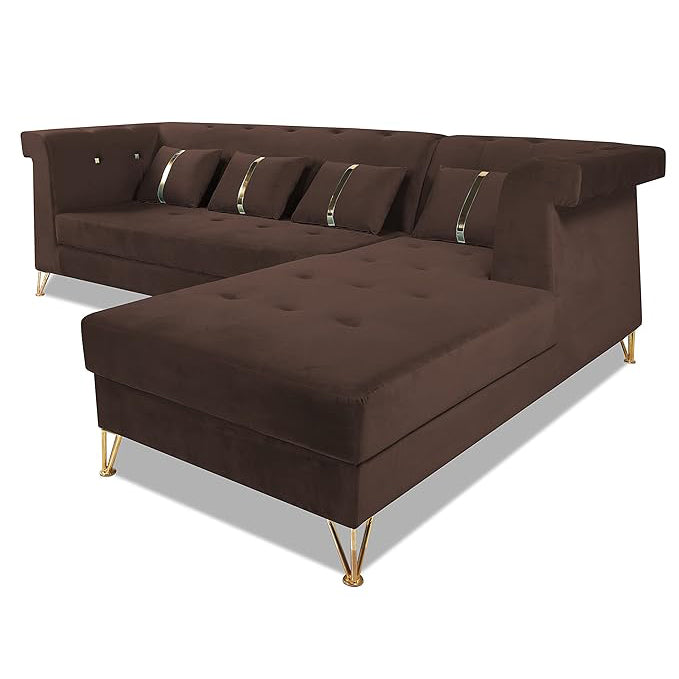 Adorn India Premium Raygan L Shape 6 Seater Sofa Set Right Side (Velvet Fabric Colour Brown)