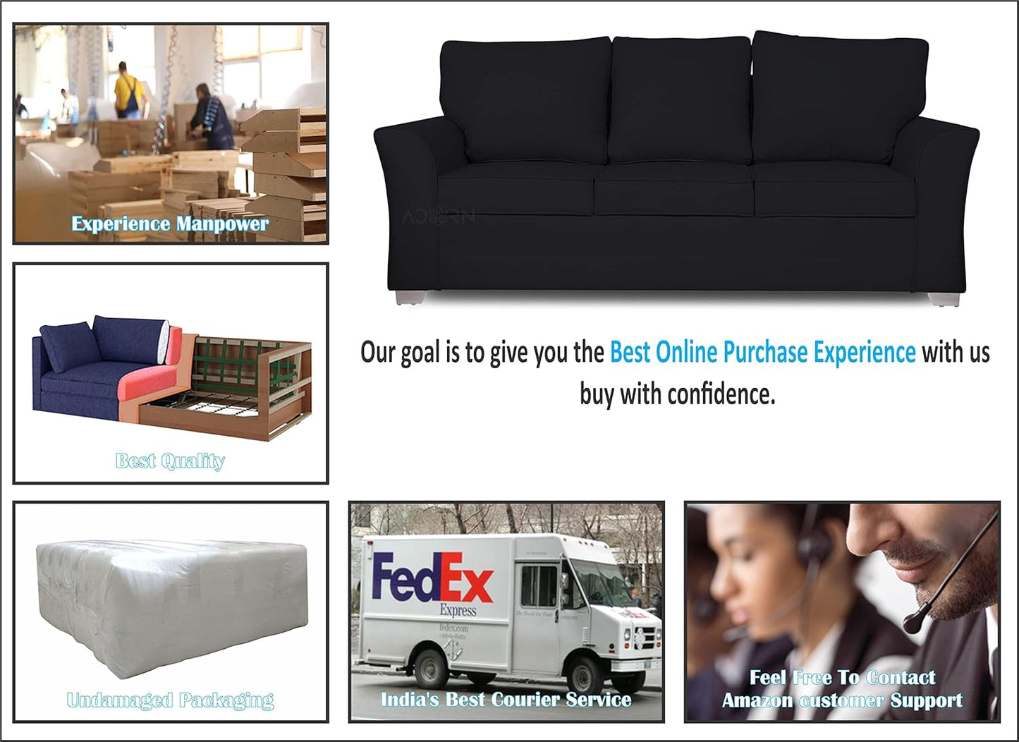 Adorn India Alexia 3+2+1 Six Seater Sofa Set (Black)