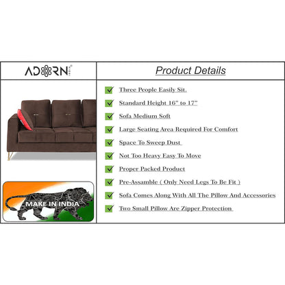 Adorn India Premium Morgan 3 Seater Sofa (Velvet Fabric Colour Brown)
