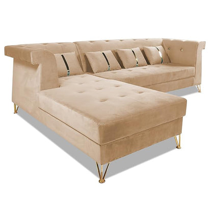 Adorn India Premium Raygan L Shape 6 Seater Sofa Set Left Side (Velvet Fabric Colour Beige)