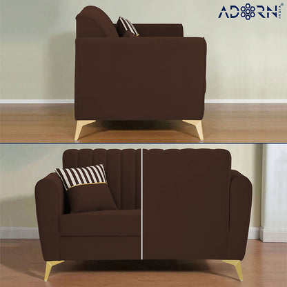 Adorn India Premium Luster 2 Seater | Velvet Suede Fabric | 3-Year Warranty | Color Brown with Golden Legs & Striped Pattern Cushion