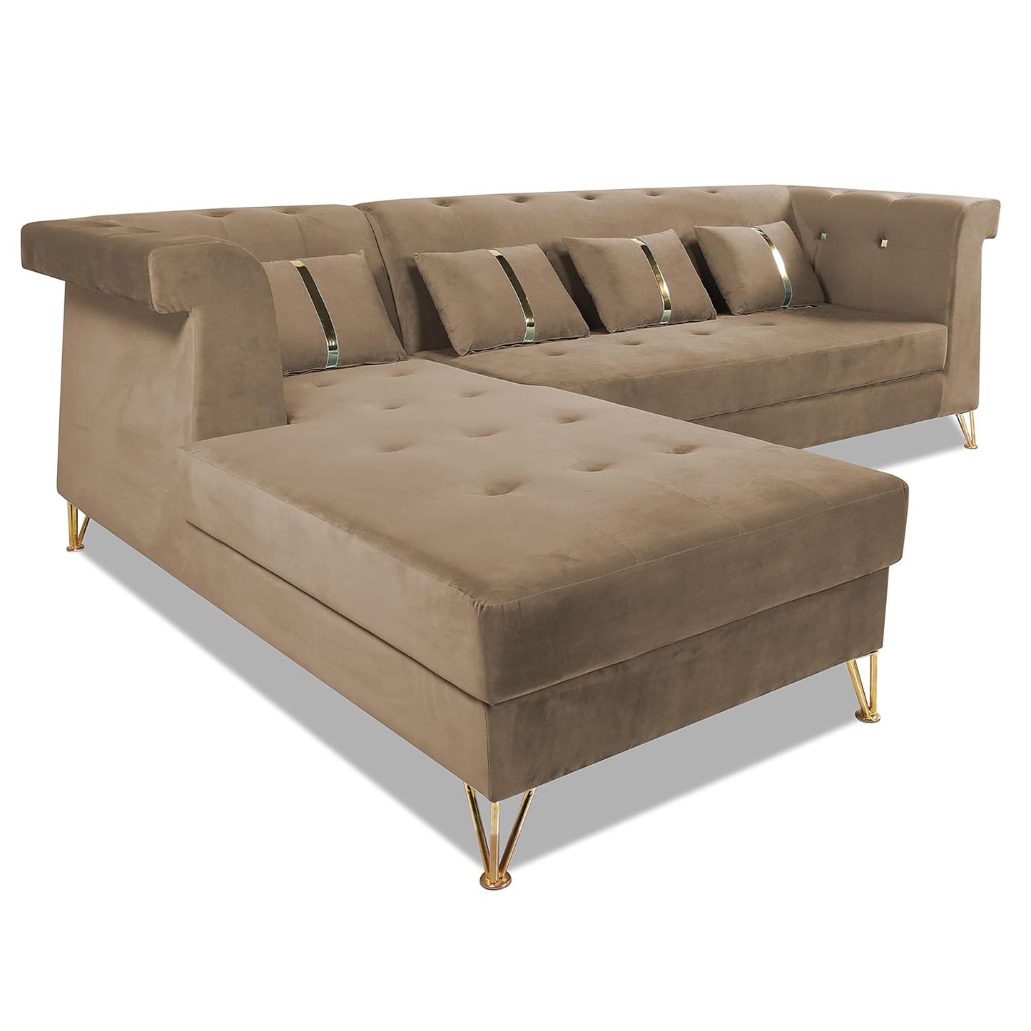Adorn India Premium Raygan L Shape 6 Seater Sofa Set Left Side (Velvet Fabric Colour Camel)