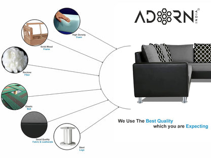 Adorn India (3 Years Warranty Atlanta 6 Seater Leatherette & Fabric Corner Sofa Right Hand Side with Ottoman (Grey & Black)
