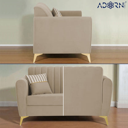 Adorn India Premium Luster 2 Seater | Velvet Suede Fabric | 3-Year Warranty | Color Beige with Golden Legs & Striped Pattern Cushion