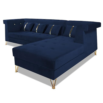 Adorn India Premium Raygan L Shape 6 Seater Sofa Set Right Side (Velvet Fabric Colour Blue)