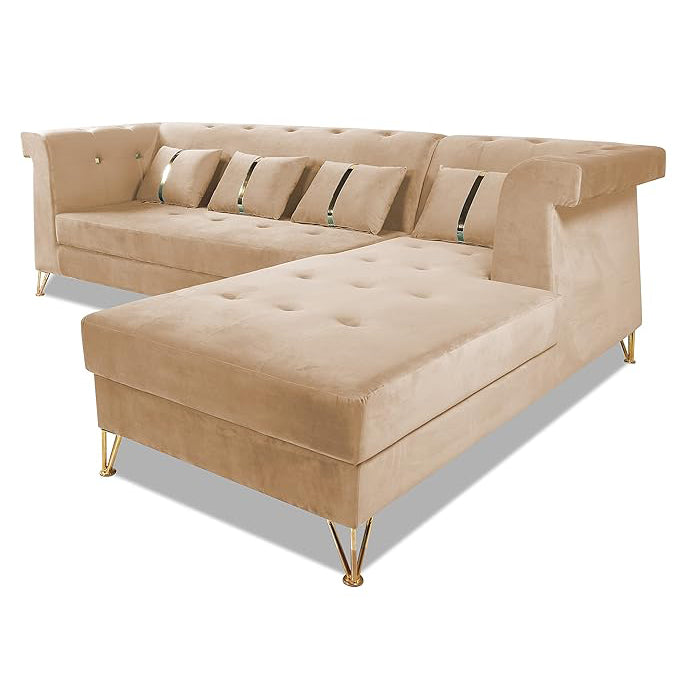 Adorn India Premium Raygan L Shape 6 Seater Sofa Set Right Side (Velvet Fabric Colour Beige)