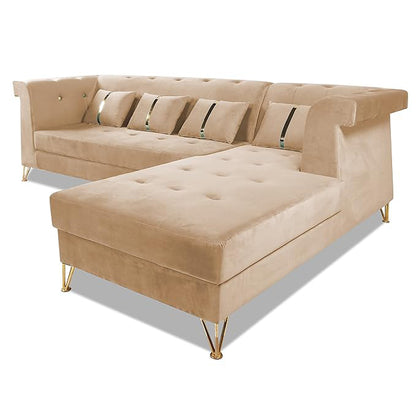 Adorn India Premium Raygan L Shape 6 Seater Sofa Set Right Side (Velvet Fabric Colour Beige)