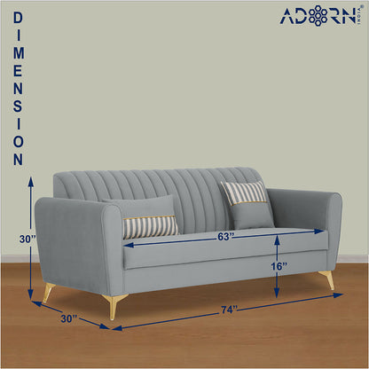 Adorn India Premium Luster 3 Seater | Velvet Suede Fabric | 3-Year Warranty | Color Grey with Golden Legs & Striped Pattern Cushion