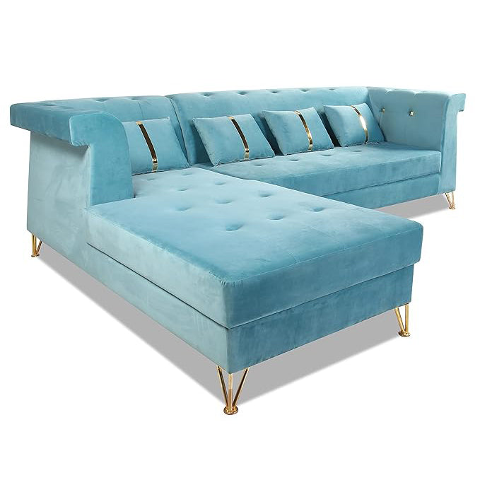 Adorn India Premium Raygan L Shape 6 Seater Sofa Set Left Side (Velvet Suede Fabric Colour Aqua Blue)