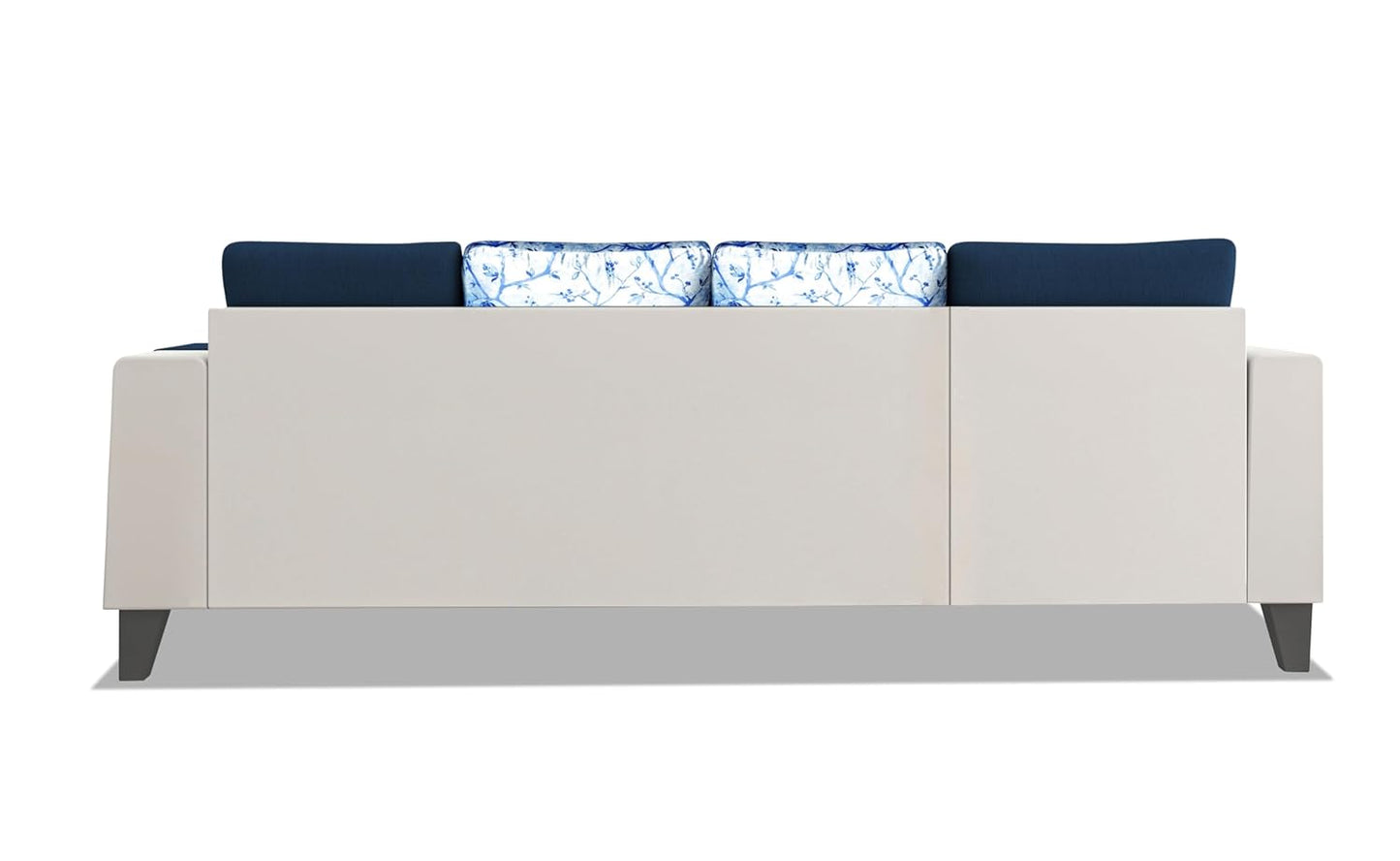 Adorn India Ashley Digitel Print Leatherette Fabric L Shape 8 Seater Sofa Set with 2 Ottoman Puffy & Center Table LHS (Blue & White) (3 Year Warranty)