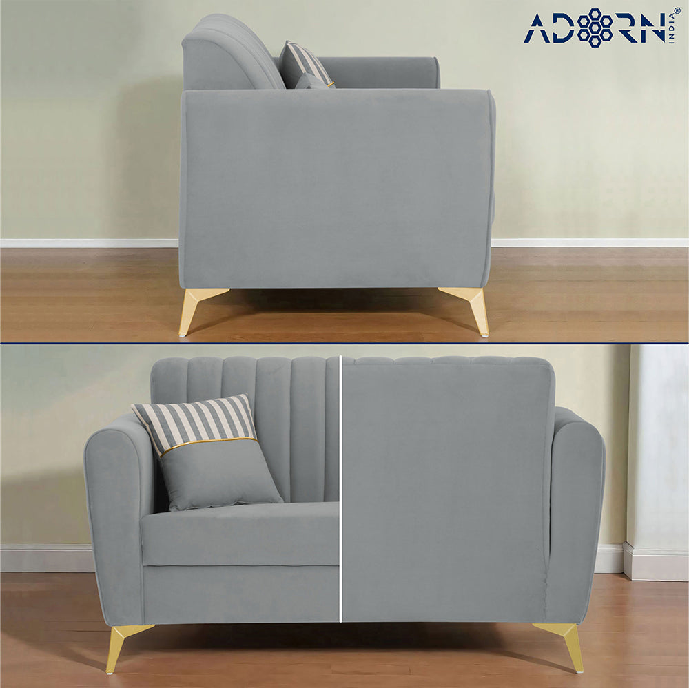 Adorn India Premium Luster 2 Seater | Velvet Suede Fabric | 3-Year Warranty | Color Grey with Golden Legs & Striped Pattern Cushion
