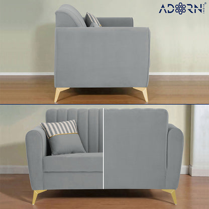 Adorn India Premium Luster 2 Seater | Velvet Suede Fabric | 3-Year Warranty | Color Grey with Golden Legs & Striped Pattern Cushion