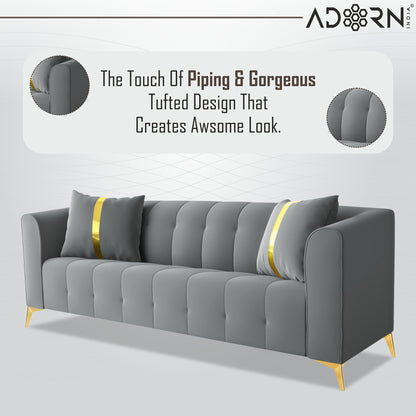 Adorn India Premium Mystic - 3 Years Warranty - 3 Seater Sofa Velvet Suede Fabric - Grey