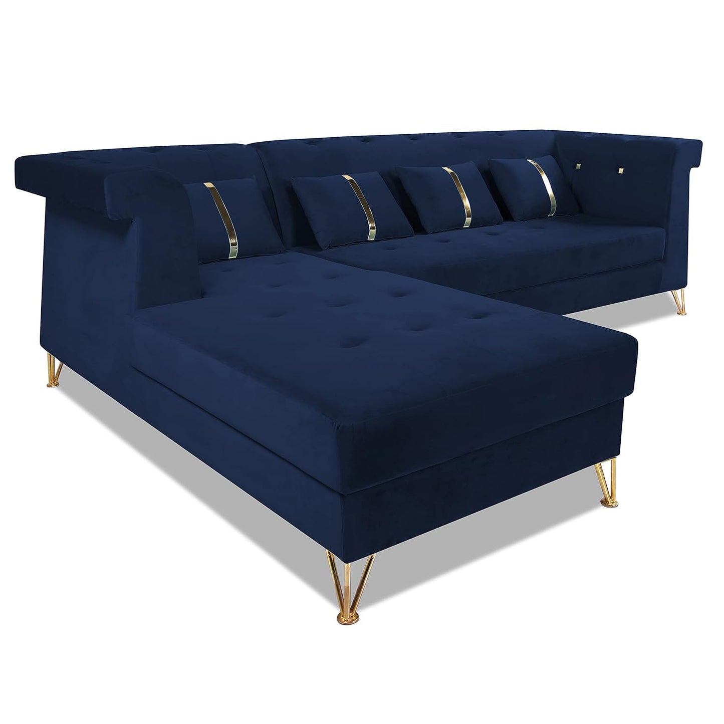 Adorn India Premium Raygan L Shape 6 Seater Sofa Set Left Side (Velvet Fabric Colour Blue)