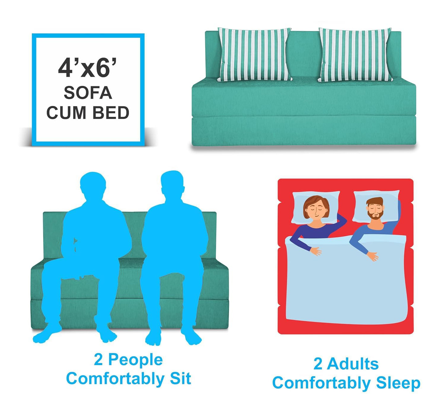 Adorn India Easy Alyn Plus Stripes 2 Seater Sofa Cum Bed (4X6) (Aqua Blue) (1 Year Warranty)
