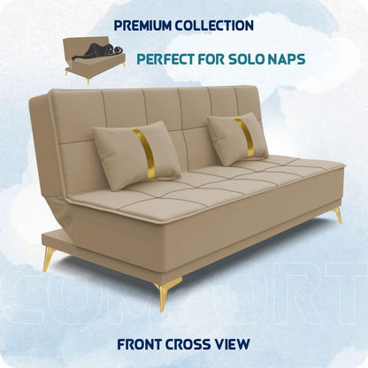 Adorn India Premium New Alyssum 3 Seater Sofa Cum Bed 4X6 Velvet Suede with 2 Cushions (Color Beige) and Suitable for All Indoor, with 3 Years Warranty