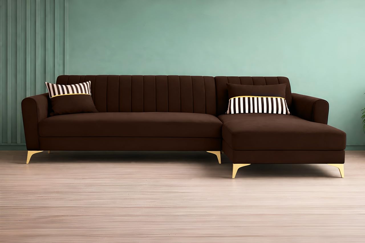 Adorn India Premium Luster 6 Seater L Shape Sofa Set | Velvet Suede Fabric | 3-Year Warranty | RHS |Color Brown with Golden Legs & Striped Pattern Cushion