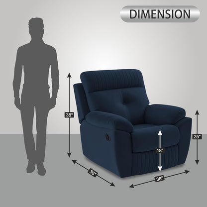 Adorn India Premium Majestic 1 Seater Recliner Manual Sofa Chair | Blue Suede Velvet Fabric | Soft Padded Back Rest & Handrest | Living Room Recliner Chair | 3 Years Warranty