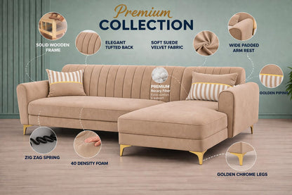Adorn India Premium Luster 6 Seater L Shape Sofa Set | Velvet Suede Fabric | 3-Year Warranty | RHS |Color Beige with Golden Legs & Striped Pattern Cushion