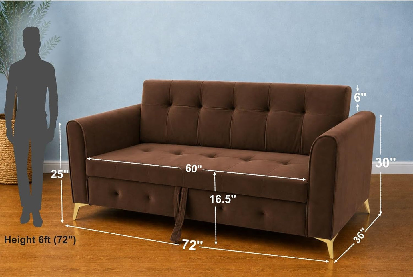 Adorn India Premium Mystic - 3 Years Warranty - 3 Seater Sofa Cum Bed Velvet Suede Fabric - Brown