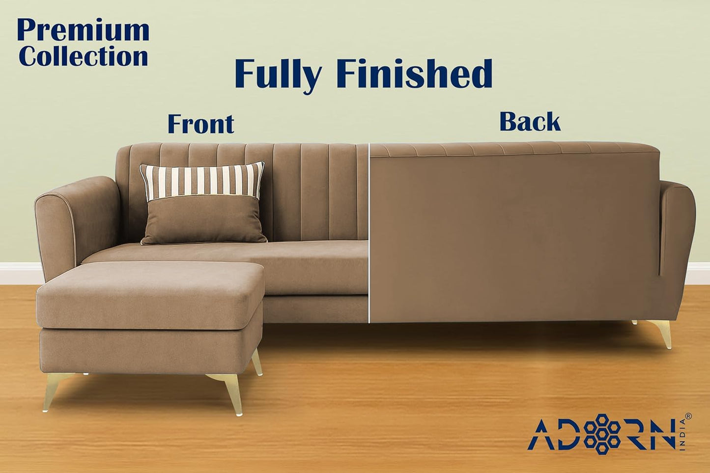 Adorn India Premium Luster 4 Seater L Shape Sofa Set | Velvet Suede Fabric | 3-Year Warranty | Color Camel with Golden Legs & Striped Pattern Cushion