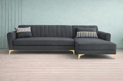 Adorn India Premium Luster 8 Seater L Shape Sofa Set with 2 Puffy & 1 Center Table | Velvet Suede Fabric | 3-Year Warranty | RHS | Dark Grey with Golden Legs & Striped Pattern Cushion