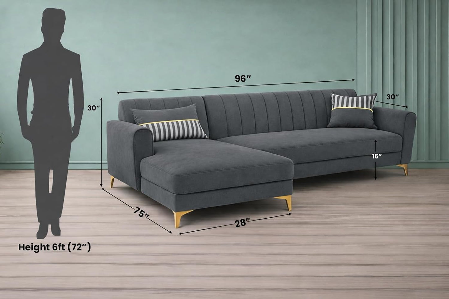 Adorn India Premium Luster 6 Seater L Shape Sofa Set | Velvet Suede Fabric | 3-Year Warranty | LHS |Color Dark Grey with Golden Legs & Striped Pattern Cushion