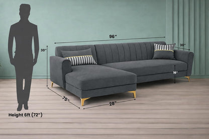 Adorn India Premium Luster 6 Seater L Shape Sofa Set | Velvet Suede Fabric | 3-Year Warranty | LHS |Color Dark Grey with Golden Legs & Striped Pattern Cushion