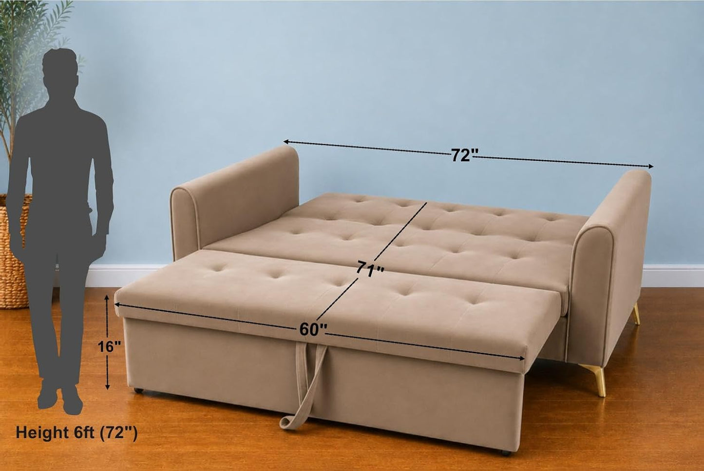 Adorn India Premium Mystic - 3 Years Warranty - 3 Seater Sofa Cum Bed Velvet Suede Fabric - Beige