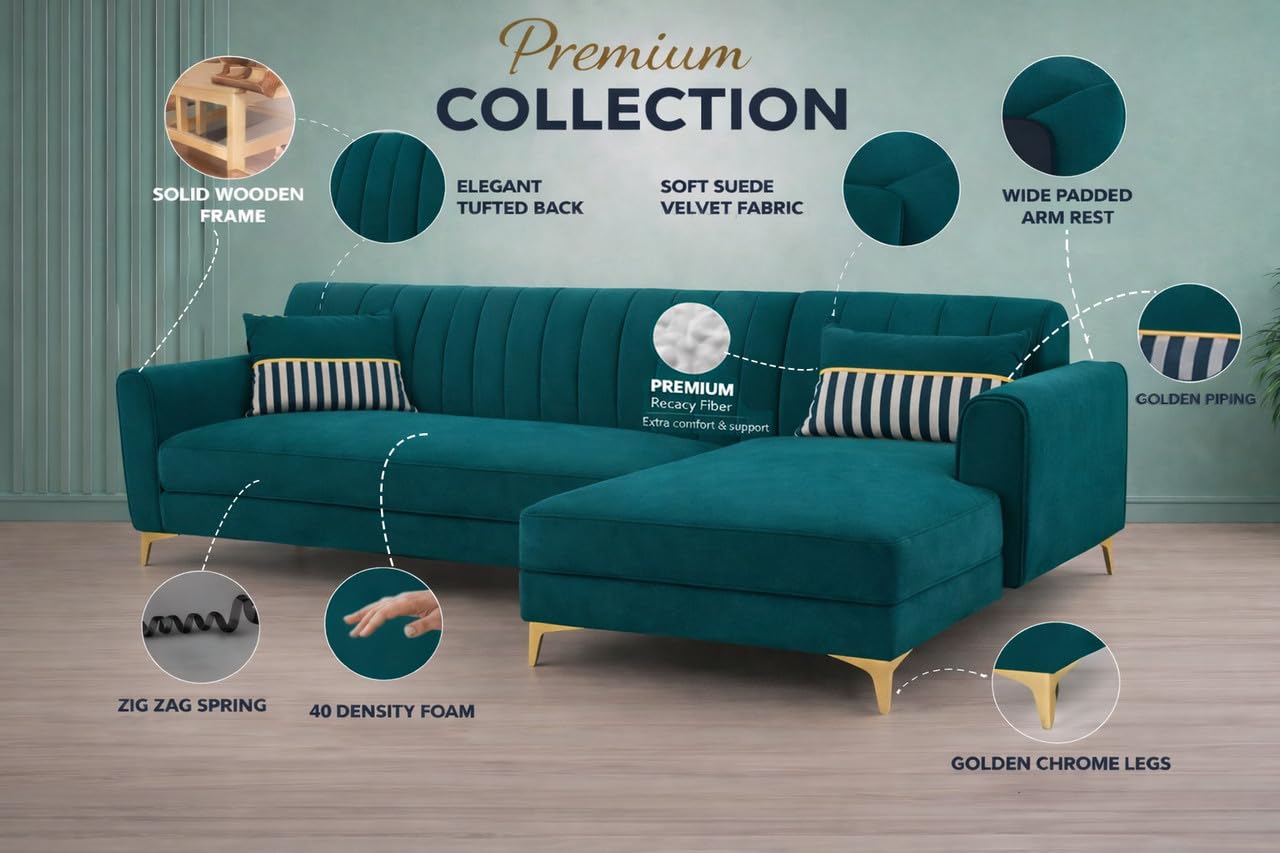 Adorn India Premium Luster 6 Seater L Shape Sofa Set | Velvet Suede Fabric | 3-Year Warranty | RHS |Color Ocean Blue with Golden Legs & Striped Pattern Cushion