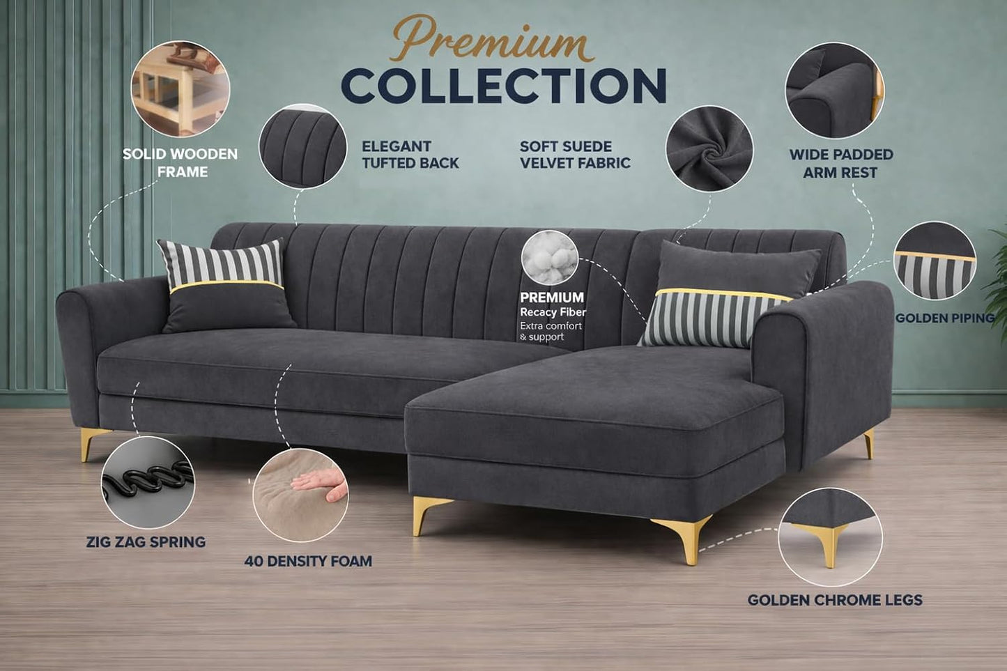 Adorn India Premium Luster 6 Seater L Shape Sofa Set | Velvet Suede Fabric | 3-Year Warranty | RHS |Color Dark Grey with Golden Legs & Striped Pattern Cushion