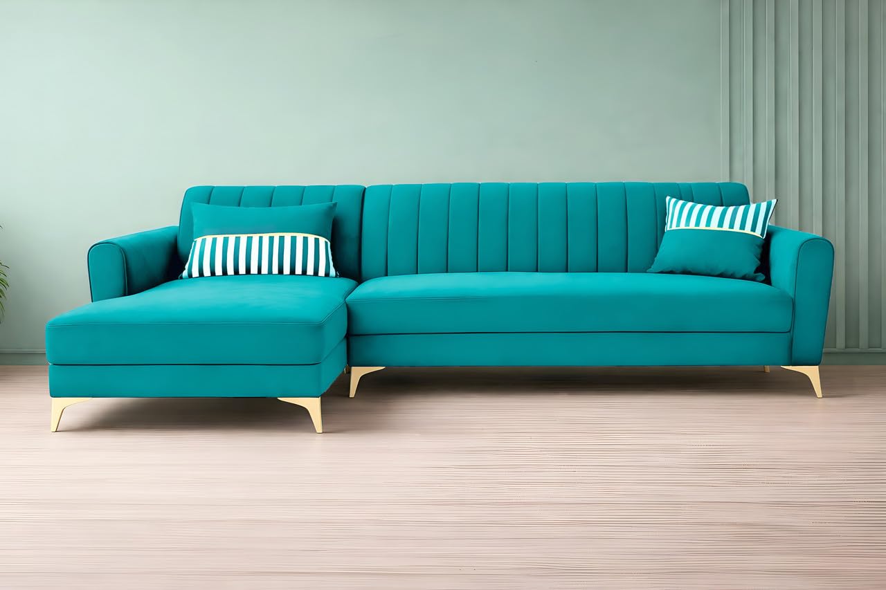 Adorn India Premium Luster 8 Seater L Shape Sofa Set with 2 Puffy & 1 Center Table | Velvet Suede Fabric | 3-Year Warranty | LHS | Aqua Blue with Golden Legs & Striped Pattern Cushion