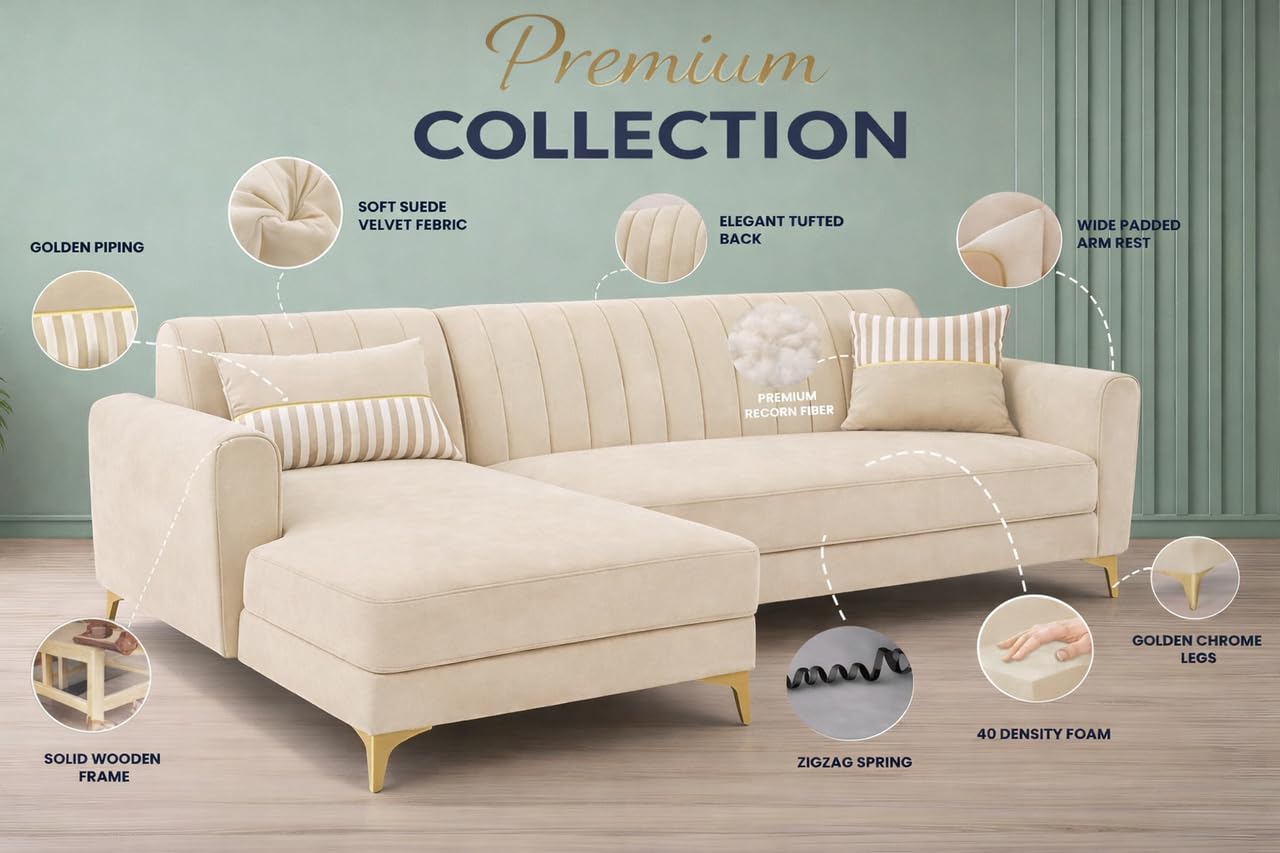 Adorn India Premium Luster 8 Seater L Shape Sofa Set with 2 Puffy & 1 Center Table | Velvet Suede Fabric | 3-Year Warranty | LHS | Cream with Golden Legs & Striped Pattern Cushion