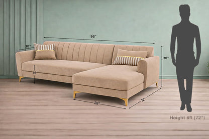 Adorn India Premium Luster 8 Seater L Shape Sofa Set with 2 Puffy & 1 Center Table | Velvet Suede Fabric | 3-Year Warranty | RHS | Beige with Golden Legs & Striped Pattern Cushion