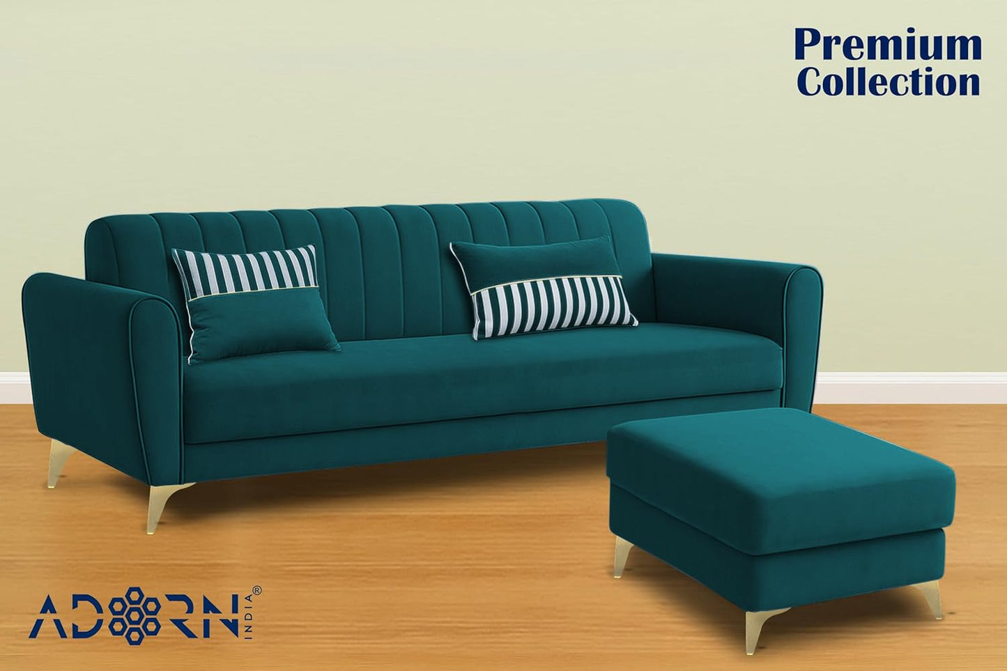 Adorn India Premium Luster 4 Seater L Shape Sofa Set | Velvet Suede Fabric | 3-Year Warranty | Color Ocean Blue with Golden Legs & Striped Pattern Cushion